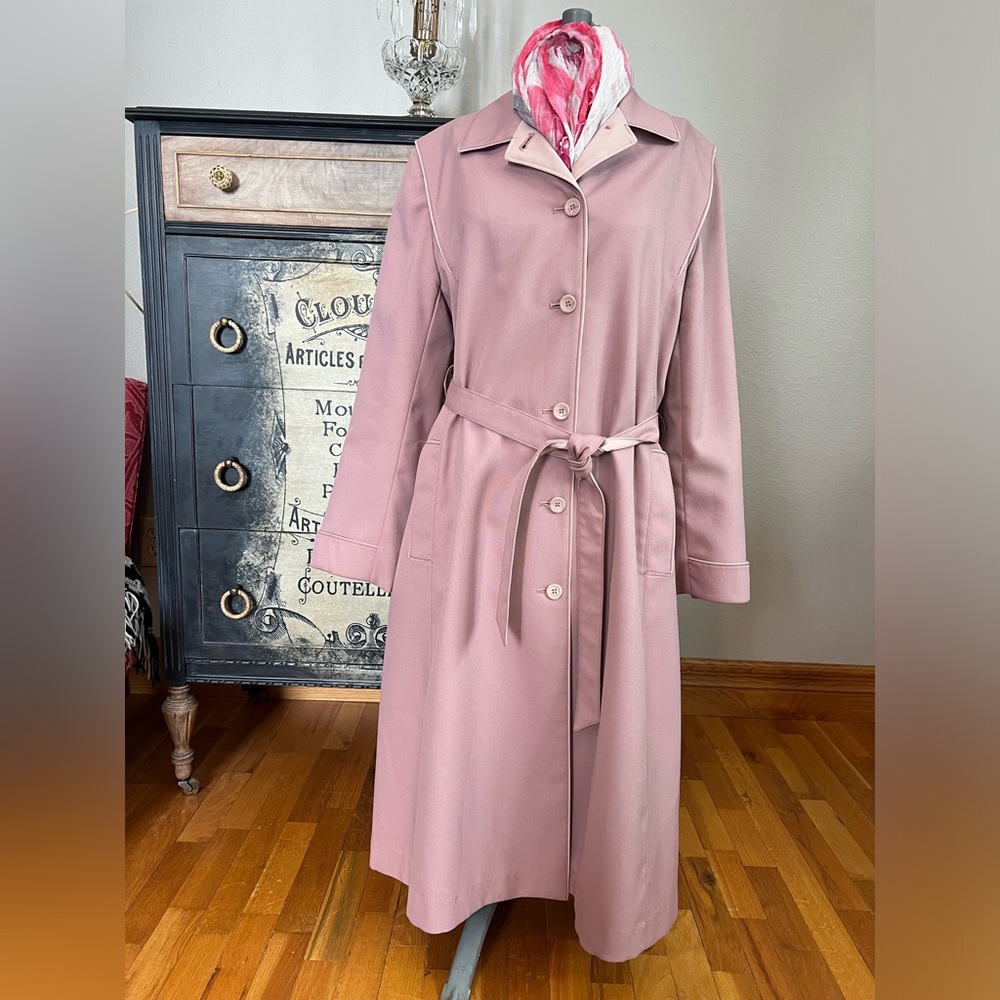 Vintage Woman’s Coat Dusty Rose Long Button Down Belted Barbiecore Bonders USA